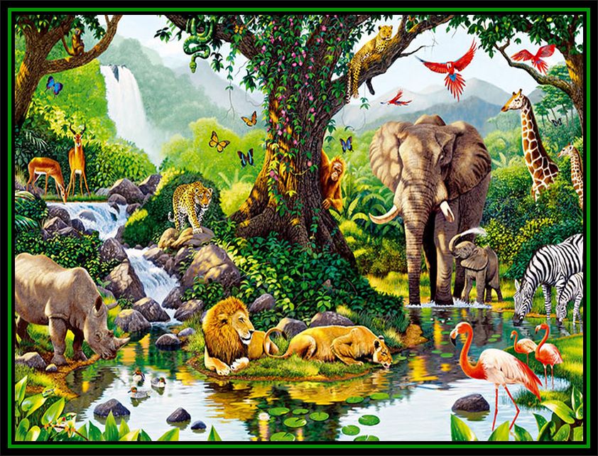 Image : animaux de diverses espèces vivant ensemble dans une sorte de paradis, souvent utilisé pour parler de l'idée de la supposée colonie spirituelle Rancho Alegre